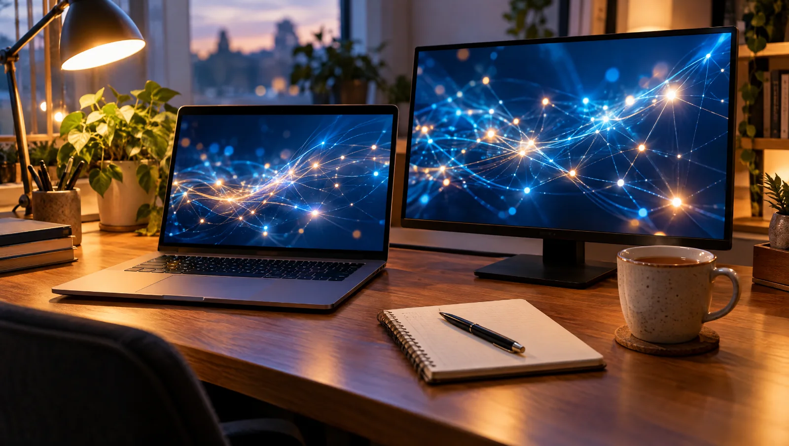 Home office desk at dusk with a laptop and monitor showing abstract glowing network threads, symbolising AI agents working in the background