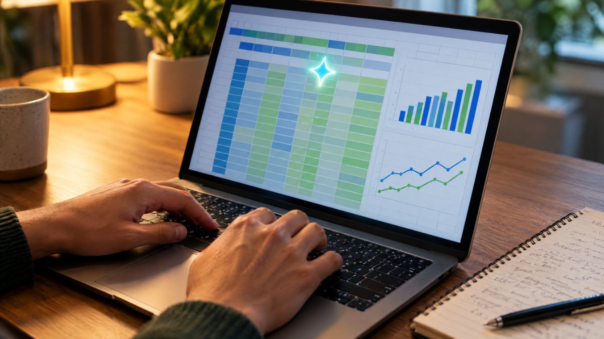 Hands typing on a laptop showing a spreadsheet with charts and an AI sparkle above the cells