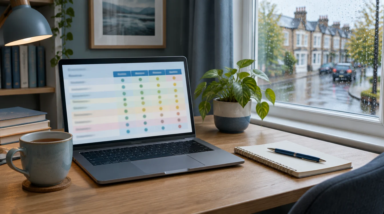 Home office desk with a laptop showing a blurred comparison table, a cup of tea and a notebook, rainy British street outside the window