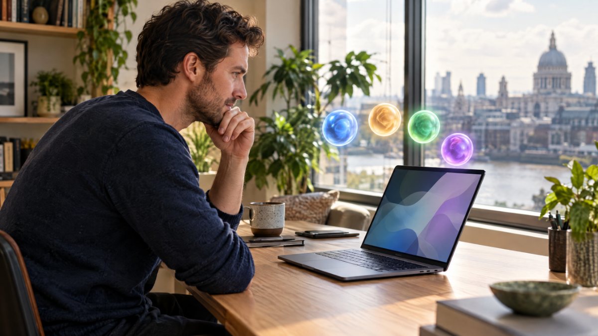 Man at a desk in London comparing four AI assistants, shown as four glowing orbs next to his laptop