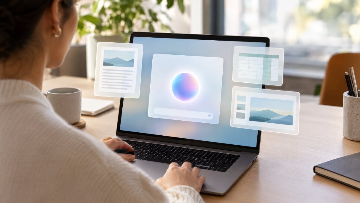 Laptop with an AI assistant window surrounded by a document, a spreadsheet and a presentation slide