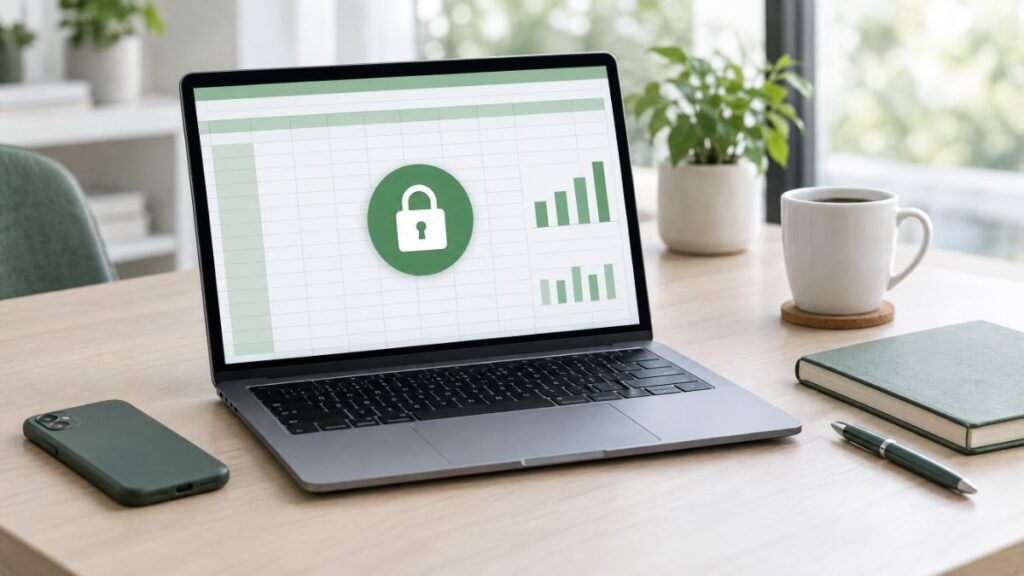 Laptop showing a spreadsheet with a padlock – a password-protected Excel file
