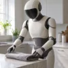 Generic humanoid household robot placing a folded towel on a kitchen worktop in a bright modern kitchen