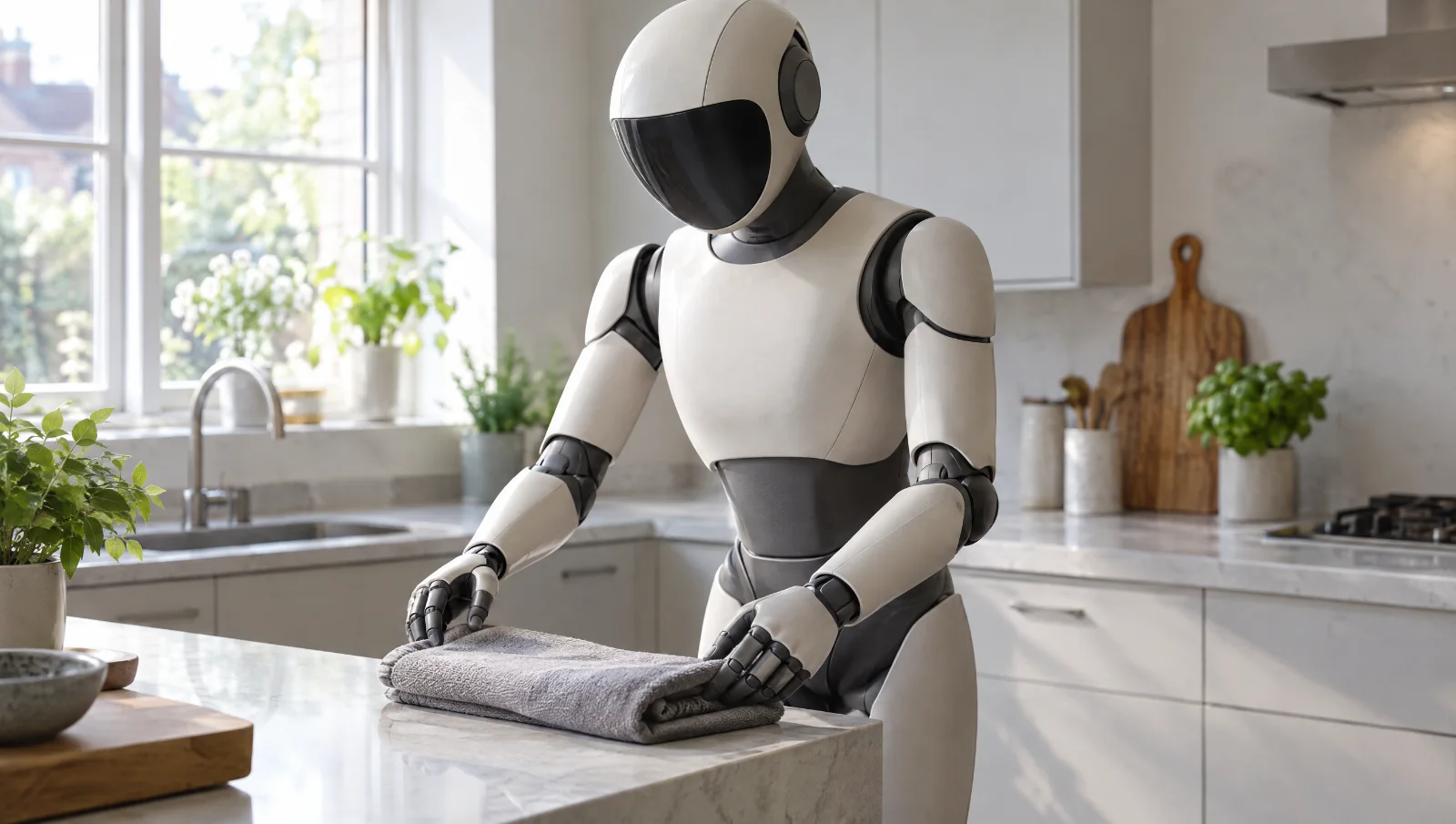 Generic humanoid household robot placing a folded towel on a kitchen worktop in a bright modern kitchen