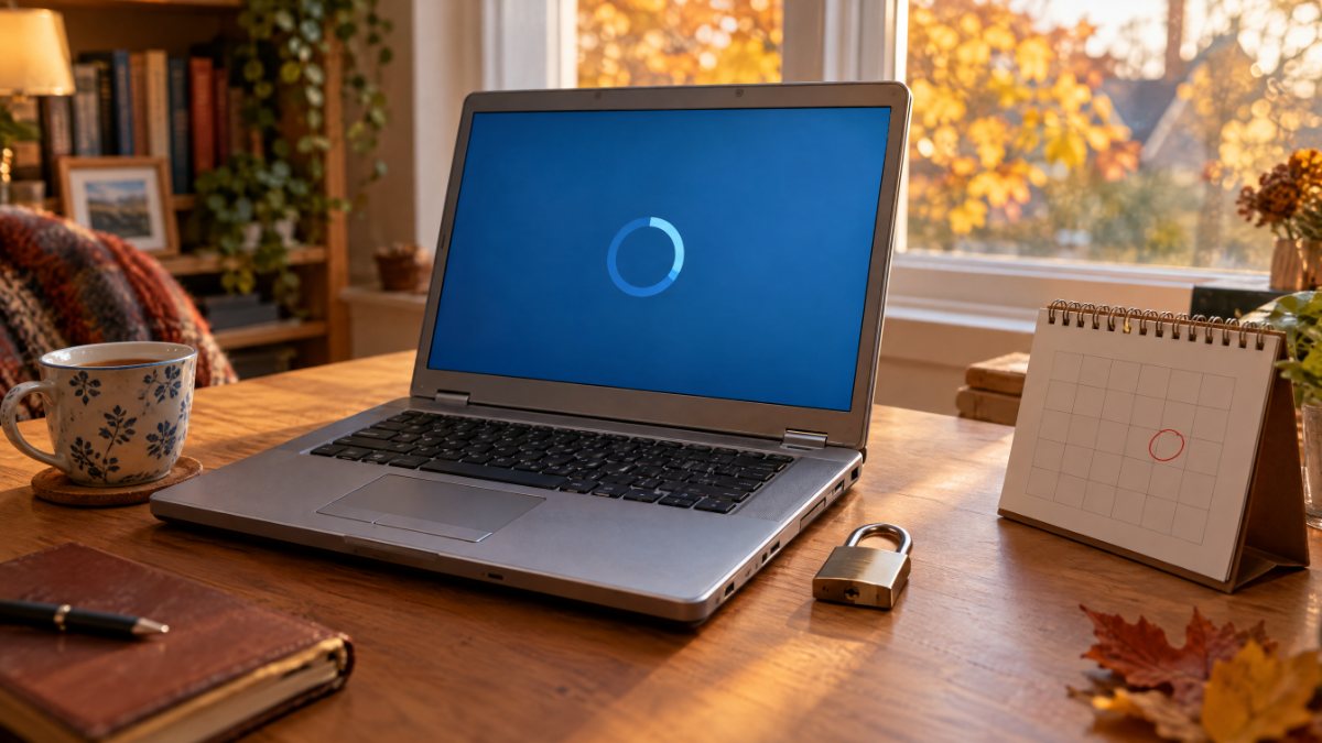 Laptop installing updates next to a desk calendar with a circled date and a padlock
