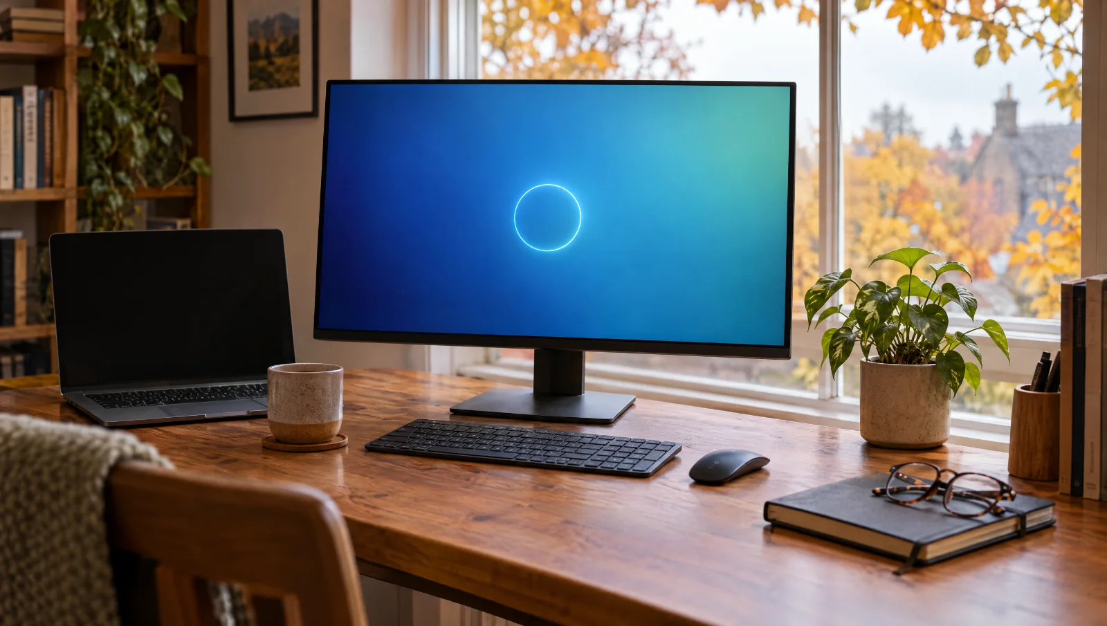 Home office desk in autumn with a desktop PC whose monitor shows a soft blue gradient and a circular update ring, golden leaves outside the window